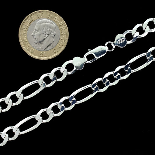 Silver figaro chain next to a British pound coin on a black background
