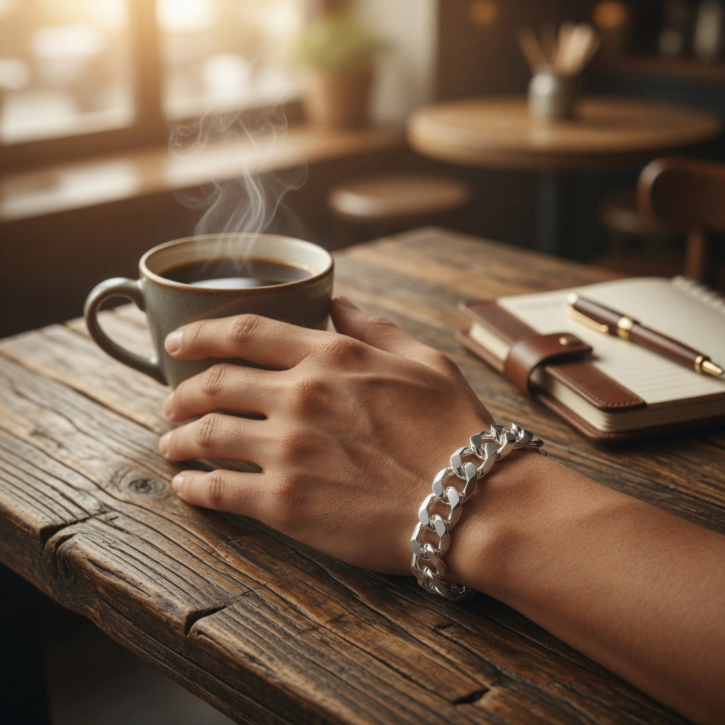 Hand holding a steaming coffee cup on a wooden table with a notebook and pen in the background.