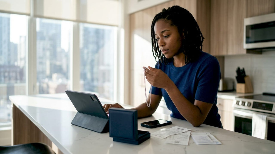Woman checking silver jewelry tracking online
