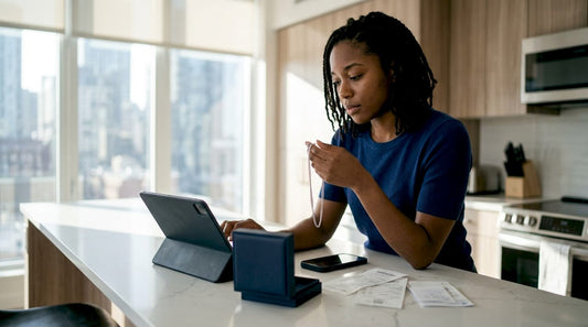 Woman checking silver jewelry tracking online