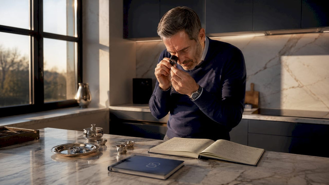 Collector examining Edinburgh silver hallmark
