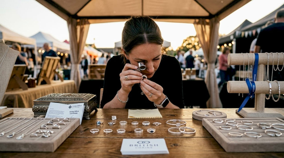 Jeweller inspecting silver ring purity marks with loupe