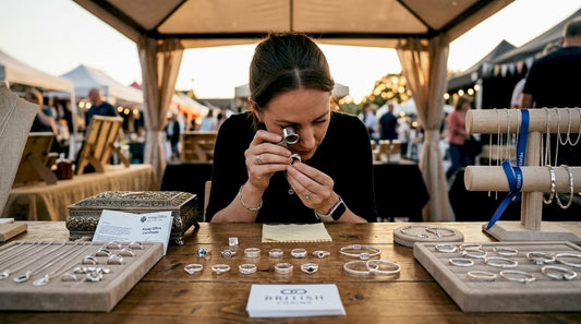 Jeweller inspecting silver ring purity marks with loupe