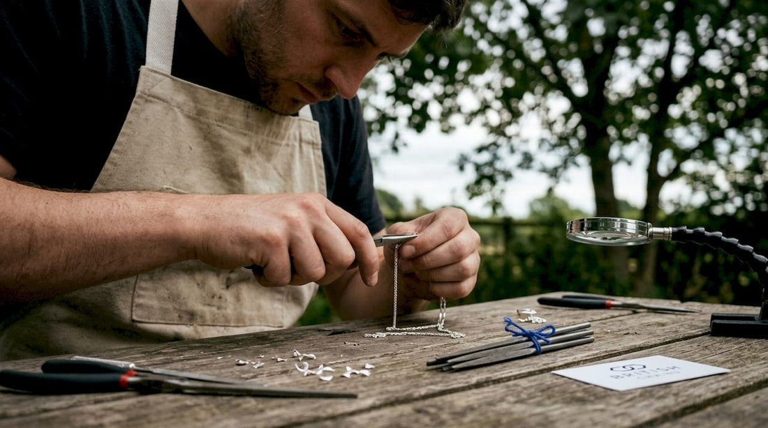 Artisan crafting silver jewelry by hand at workshop bench.