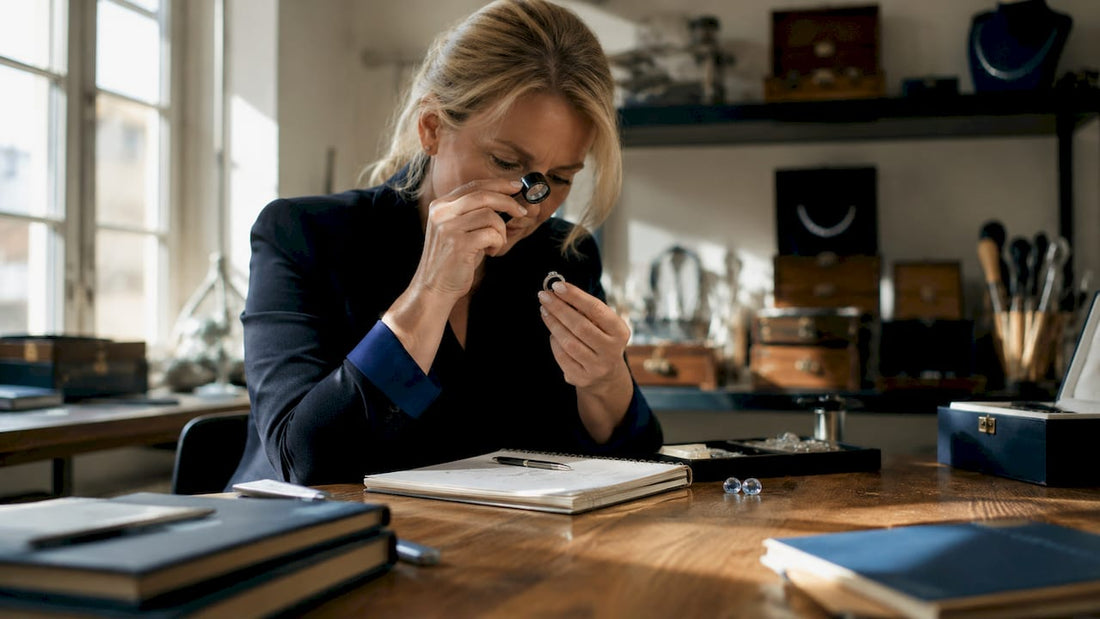 Jewellery appraiser examining hallmark on silver ring