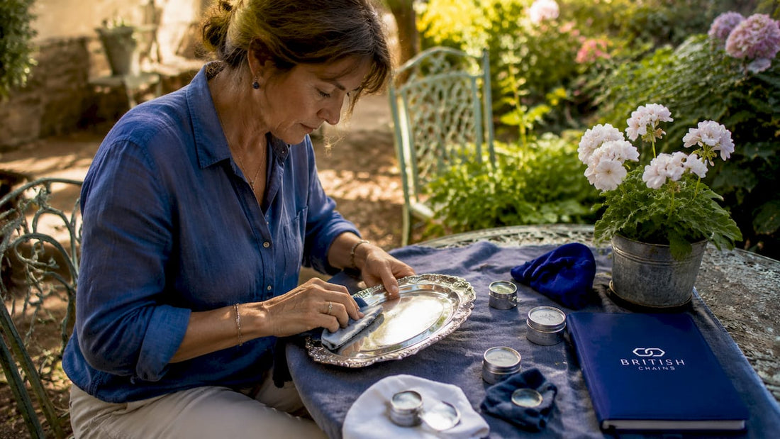 Woman polishing hallmarked British silver tray with gloves