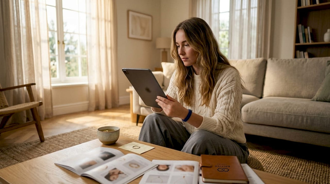 Buyer reviewing silver jewelry reviews on tablet
