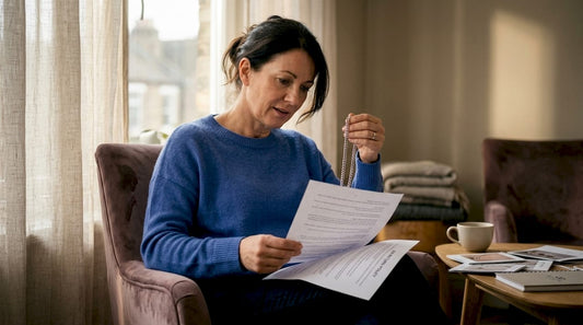 Woman reviewing silver jewelry and return policy