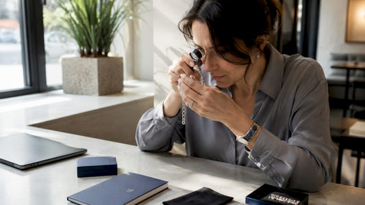 Woman inspecting silver jewellery hallmark with loupe