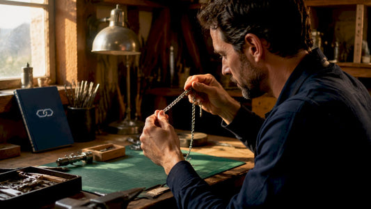 Close-up of sterling silver chain being inspected