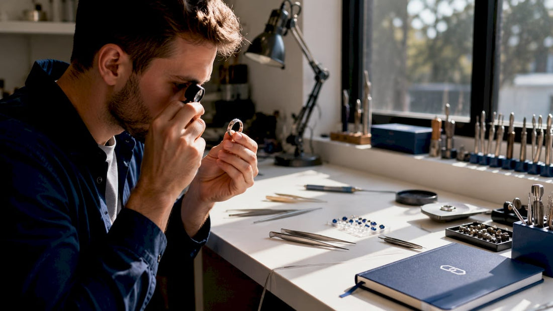 Jeweller inspecting premium silver ring closely