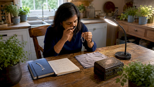 Woman inspecting silver chain with jeweler's loupe