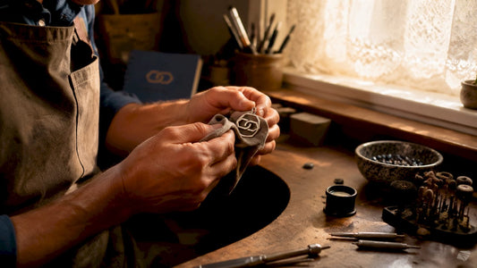 Hands polishing sterling silver necklace on workbench