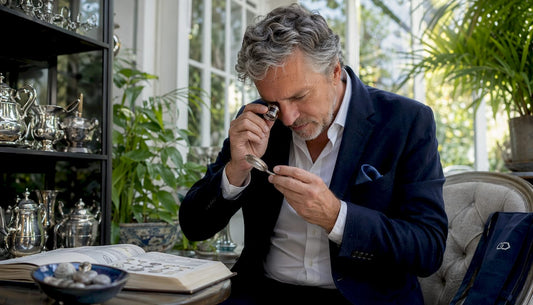 Collector inspecting silver fineness marks with loupe