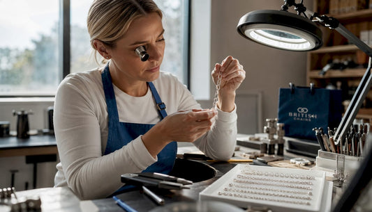 Jeweller inspecting sterling silver chain finish
