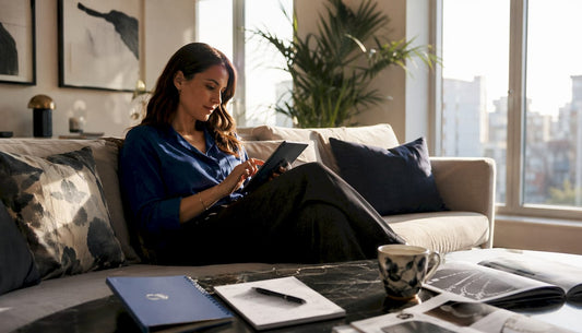 Woman browsing sterling silver chains on tablet