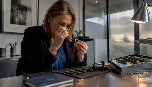 Jewelry appraiser inspecting sterling silver ring