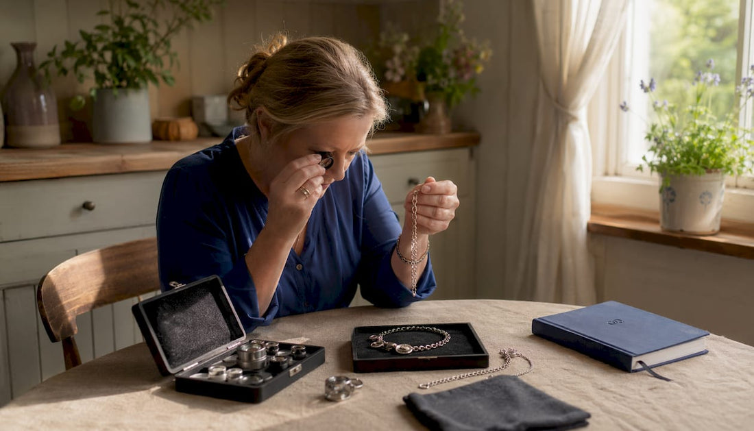 Woman inspecting silver jewellery with loupe