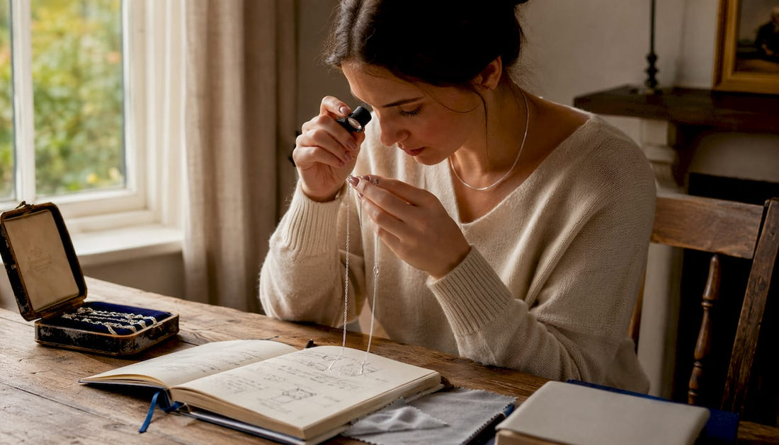 Woman inspecting sterling silver necklace carefully