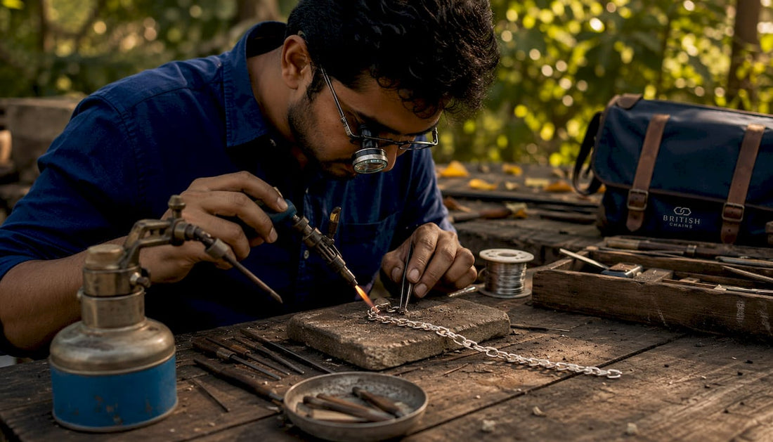Jeweller soldering handcrafted silver chain link