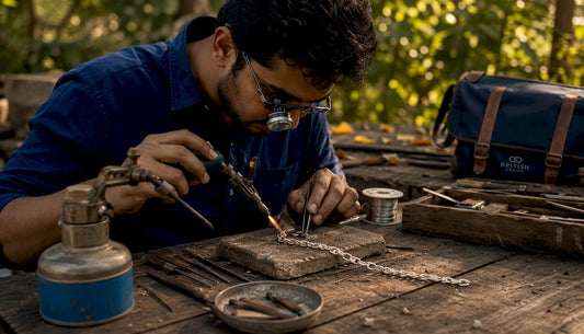 Jeweller soldering handcrafted silver chain link