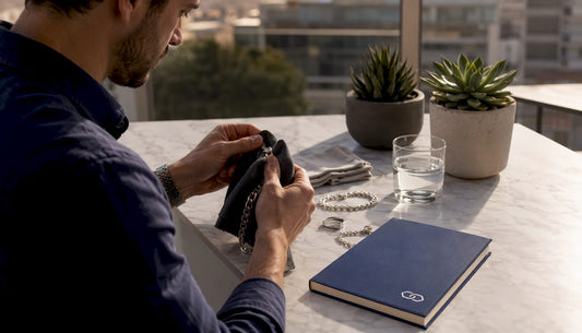 Man polishing sterling silver chain at home