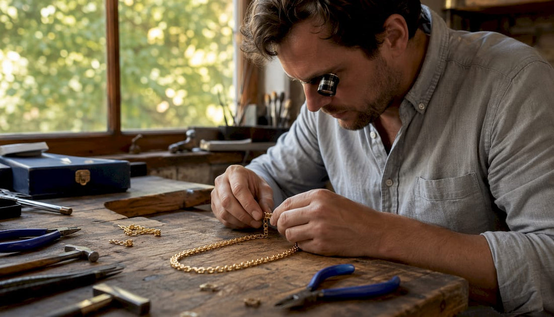 Jeweler assembling wheat chain necklace