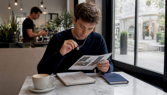 Man examining baseball chain necklace at home table