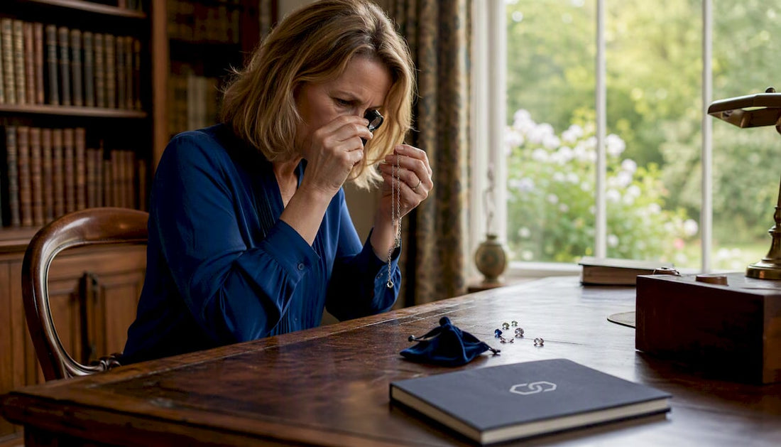Woman examining silver necklace hallmark close-up