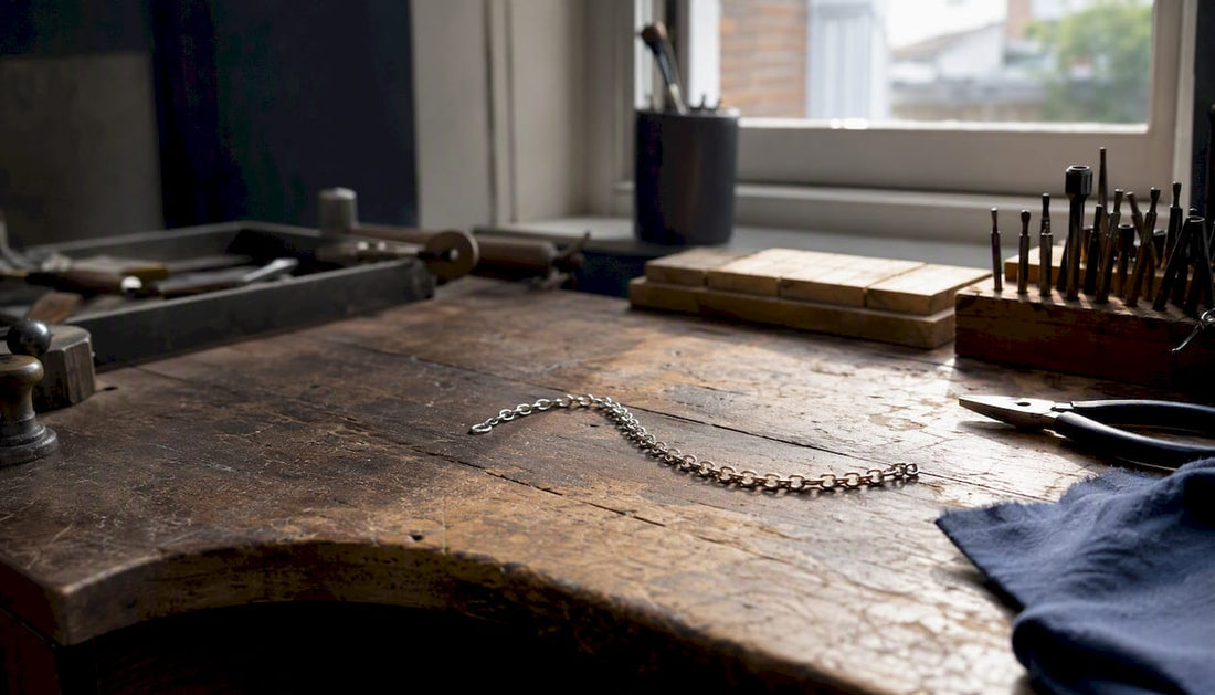 Sterling silver chain hallmark close-up on workbench
