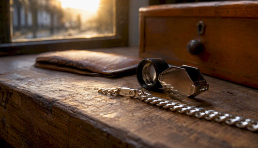 Loupe inspecting silver chain hallmark close-up