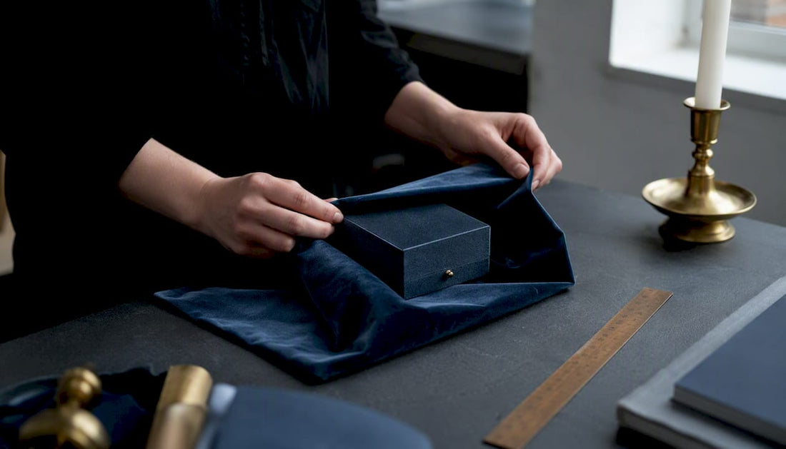 Hands wrapping jewelry gift box neatly