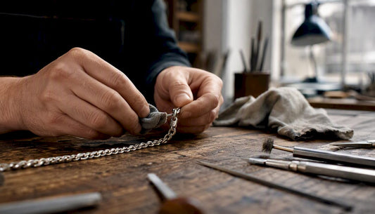 Close-up of hands polishing sterling silver chain