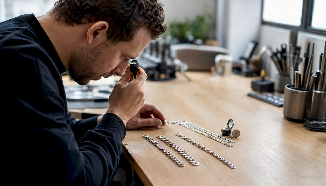 Close-up of sterling silver chains and jeweler's loupe