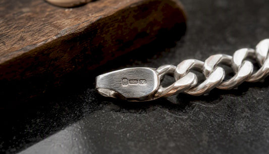 Close-up of British hallmark on sterling silver chain