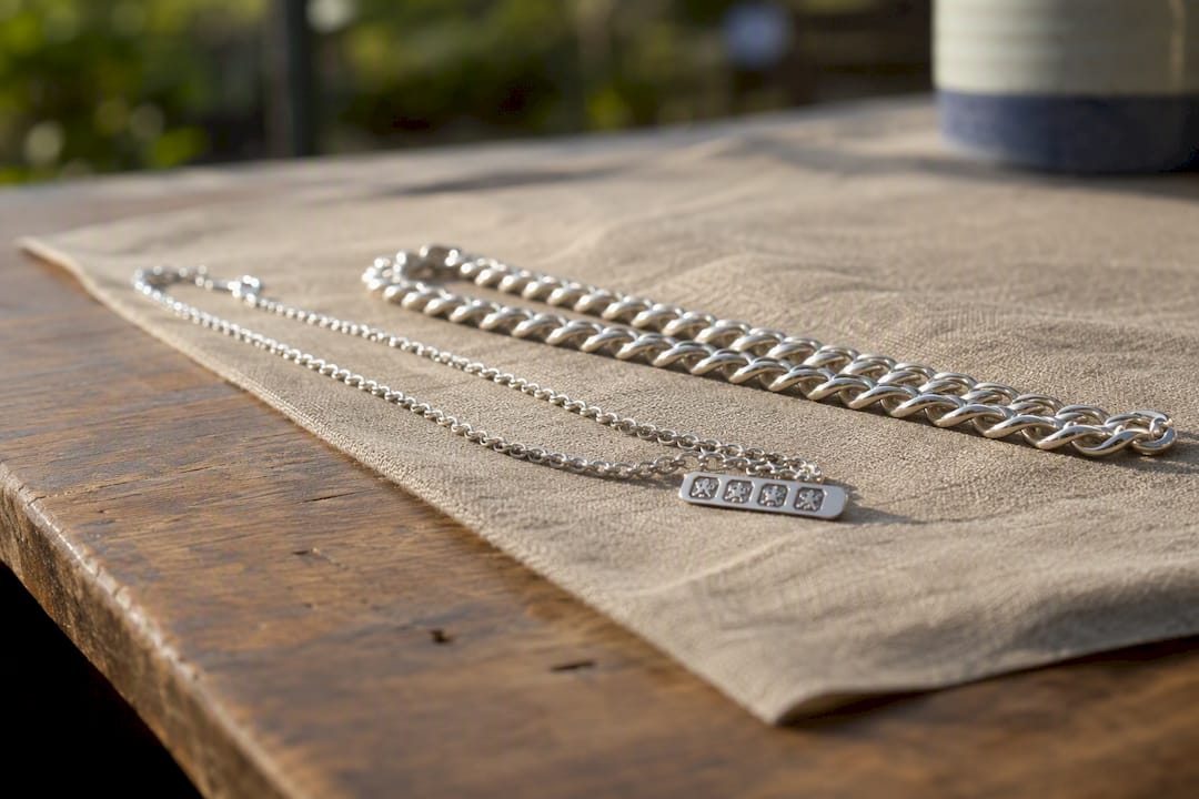 Side-by-side 3mm and 5mm silver chains with coin for scale