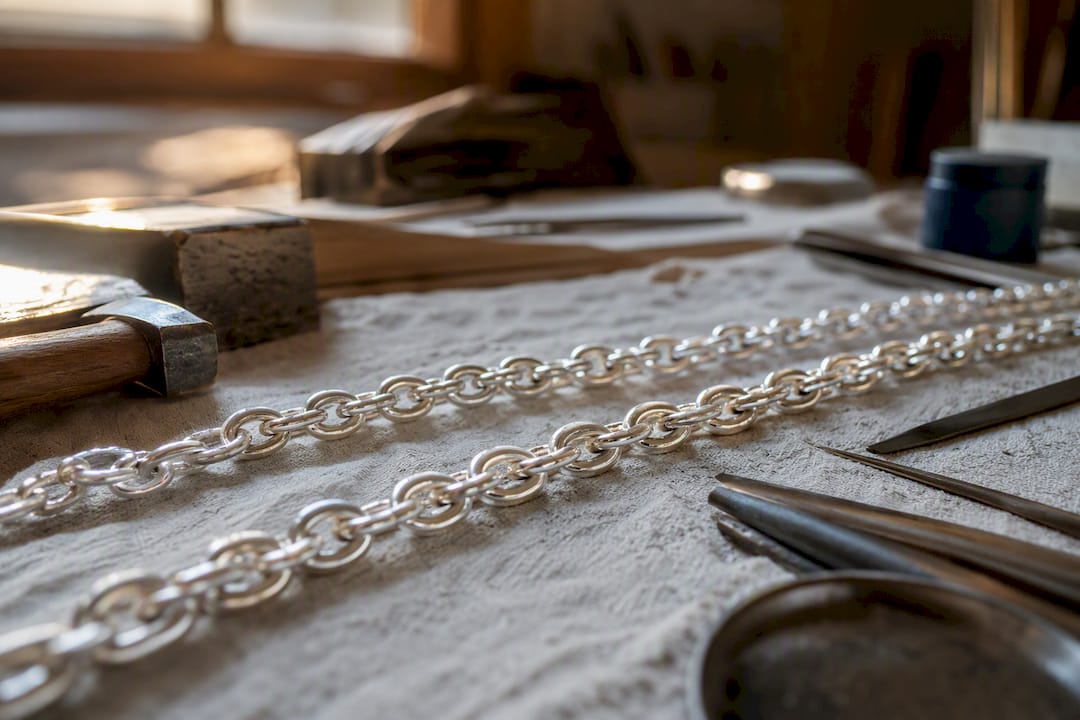 Close-up of 925 and 950 silver chain segments