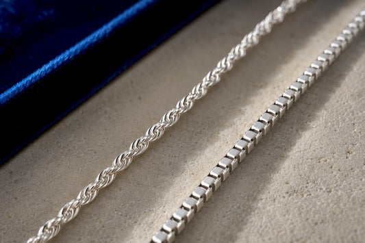 Close-up of twisted and square silver chain structures