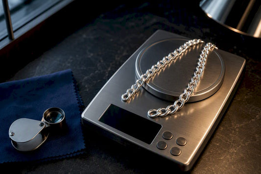 Silver chain links on a precision jewellery scale