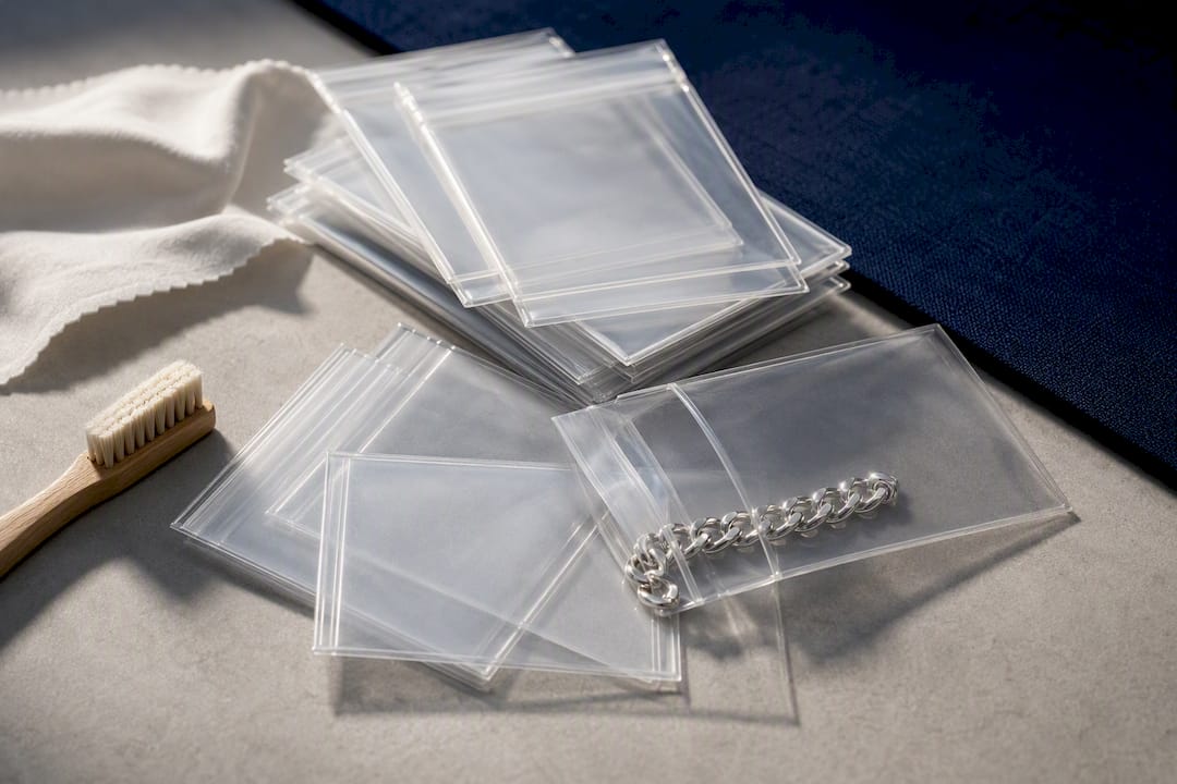 Anti-tarnish bags protecting silver chain sections
