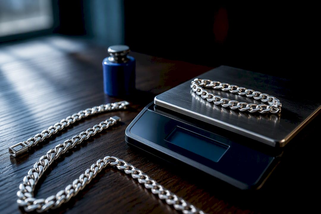 Cropped silver chain sections beside precision scale