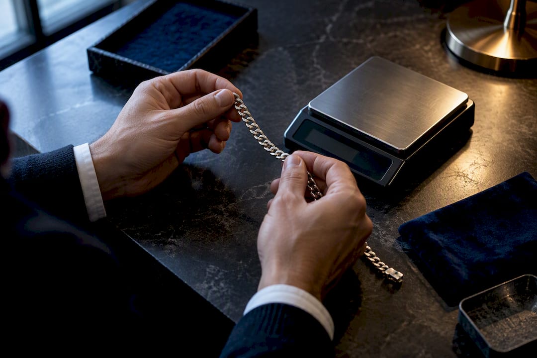 Buyer checking silver chain weight and hallmark