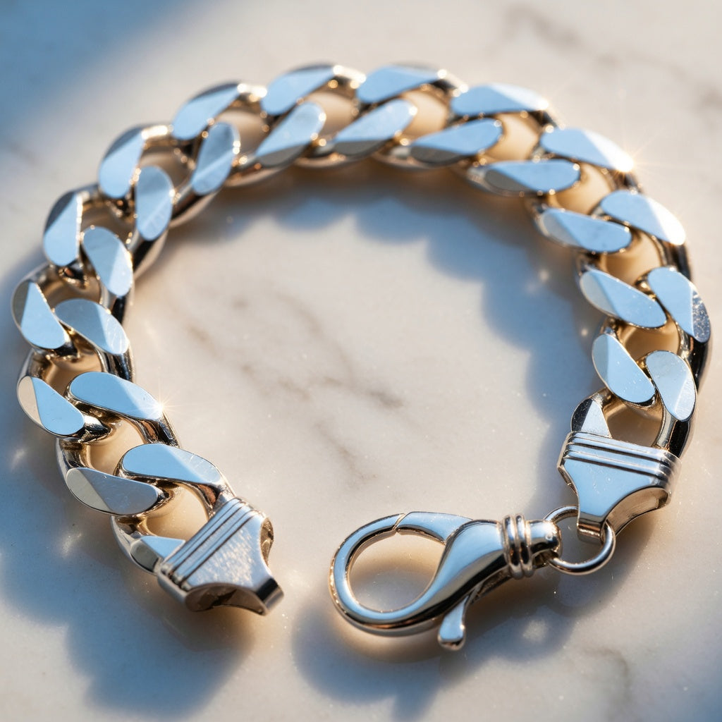 ilver chain bracelet with a clasp on a marble surface with sun shining
