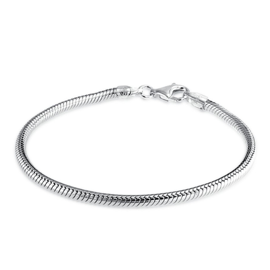 Silver snake chain bracelet on a white background