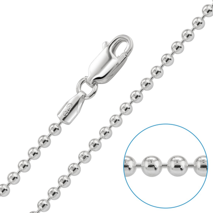 A silver ball chain necklace with a lobster clasp, shown on a white background with a circular close-up inset highlighting the polished metallic beads.