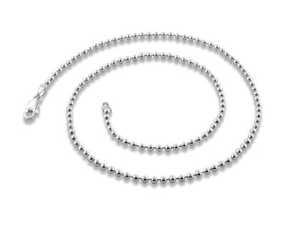 A silver ball chain necklace with a lobster clasp, coiled on a plain white background.