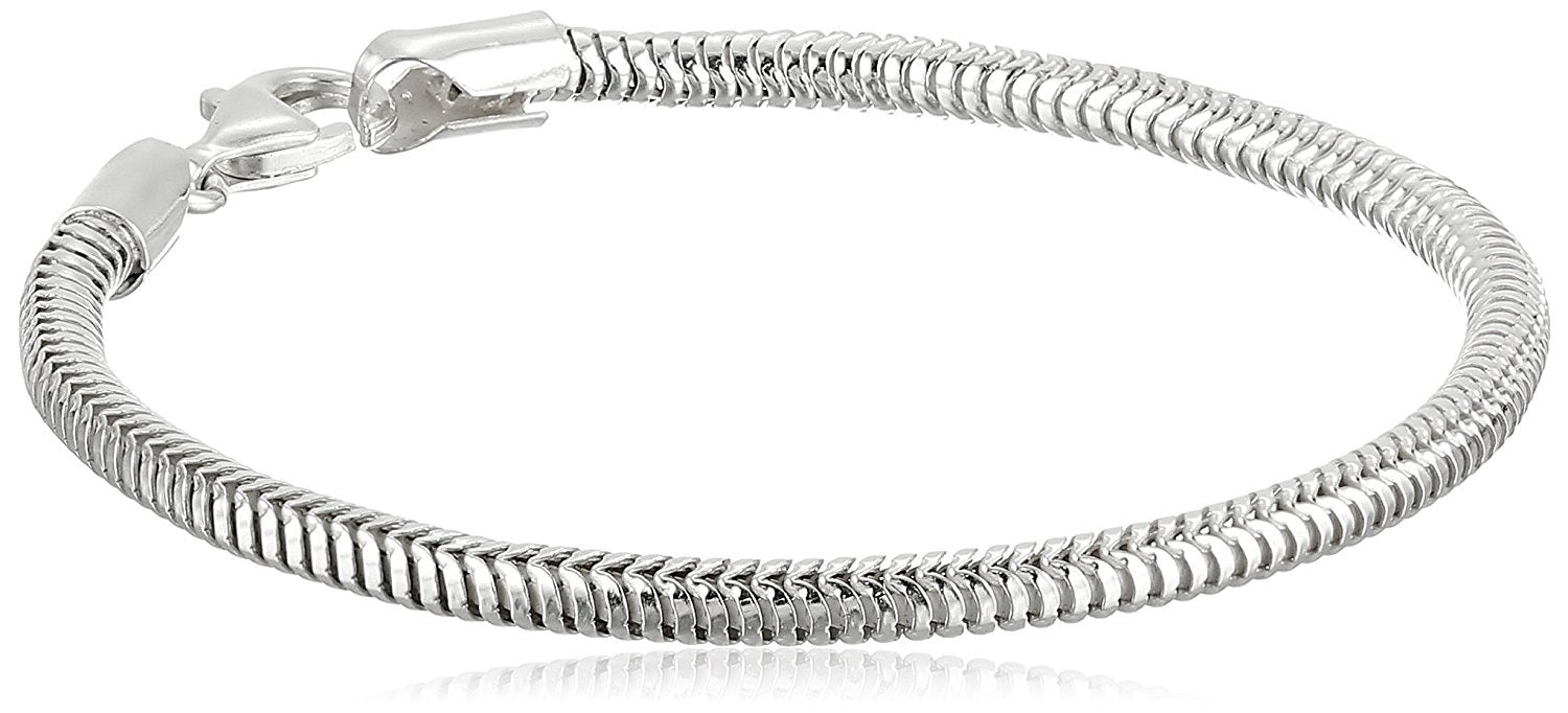 Silver snake chain bracelet on a white background